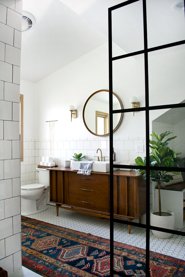 modern vintage bathroom with an open shower