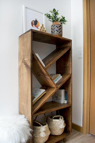 bookshelf, angled shelves, bookcase, modern bookshelf, nursery bookshelf