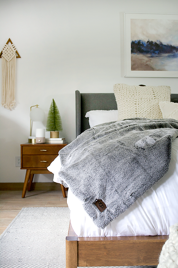Faux fur throw blanket on a bed
