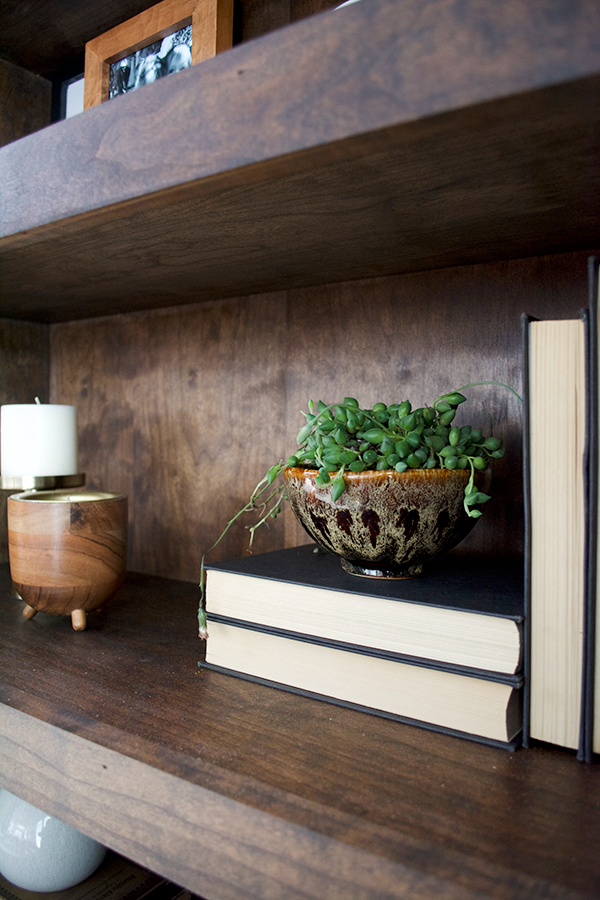 Vintage pottery used as a planter on open shelving