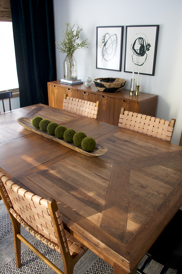 Dining room table with geometric wood top