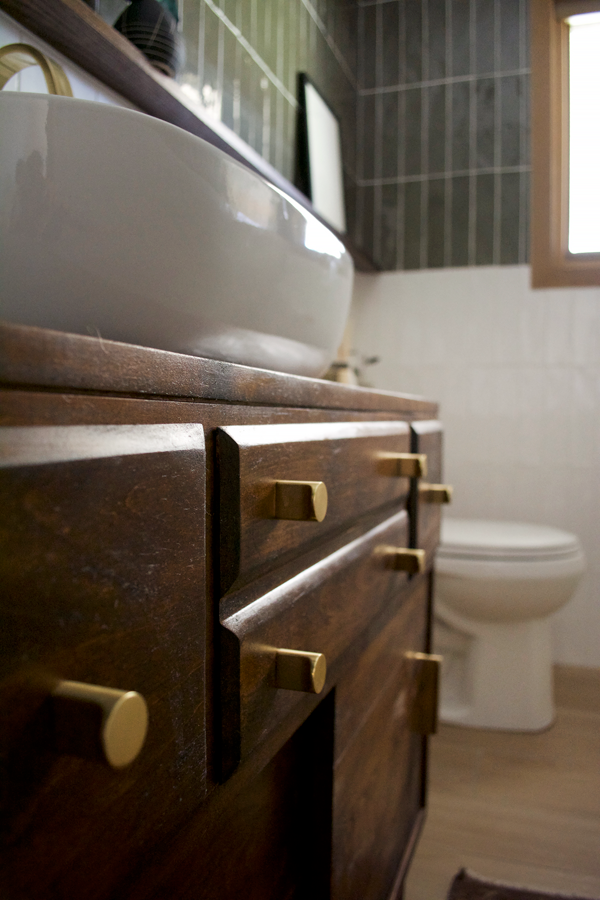 Brass Hardware on a Wood Bathroom Vanity